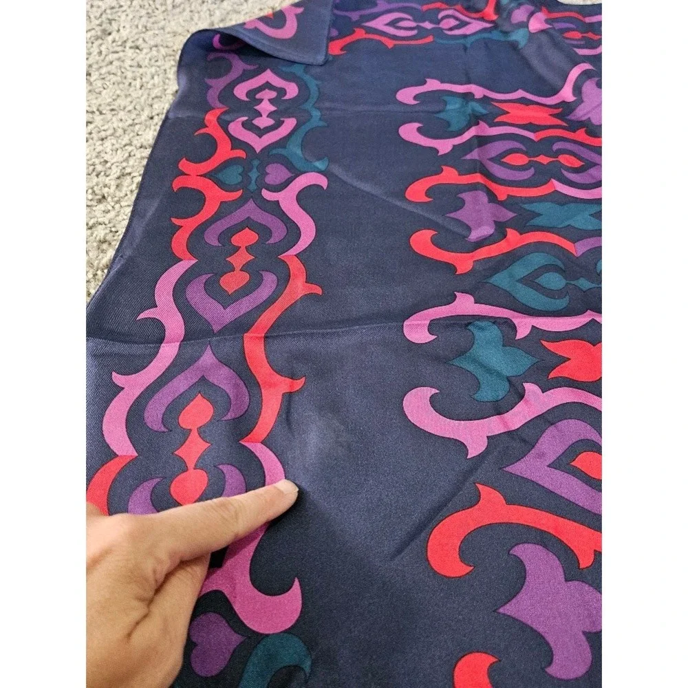 Oscar de la Renta Silk Scarf Navy Blue Pink Purple Scroll Damask Square